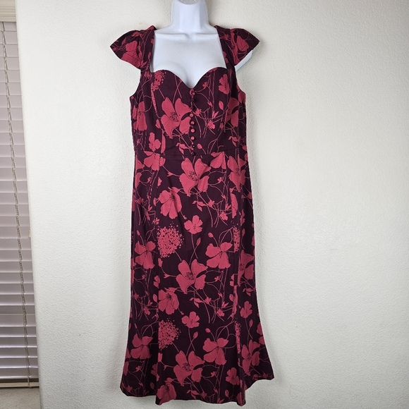 Maeve by Anthropologie Cecily Sweetheart Midi Dress Red Floral Fit & Flare SZ Lg - Picture 5 of 16